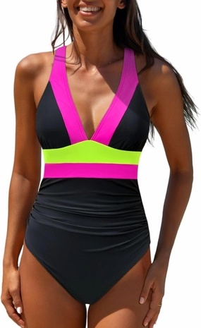 popvil One Piece Swimsuit Women 2025 Tummy Control Neon Color Block Bathing Suit Deep Vneck Tie Back Swim Suits Beach