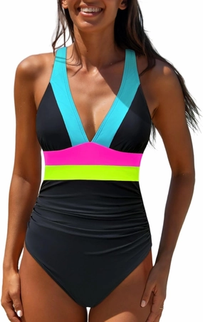 popvil One Piece Swimsuit Women 2025 Tummy Control Neon Color Block Bathing Suit Deep Vneck Tie Back Swim Suits Beach