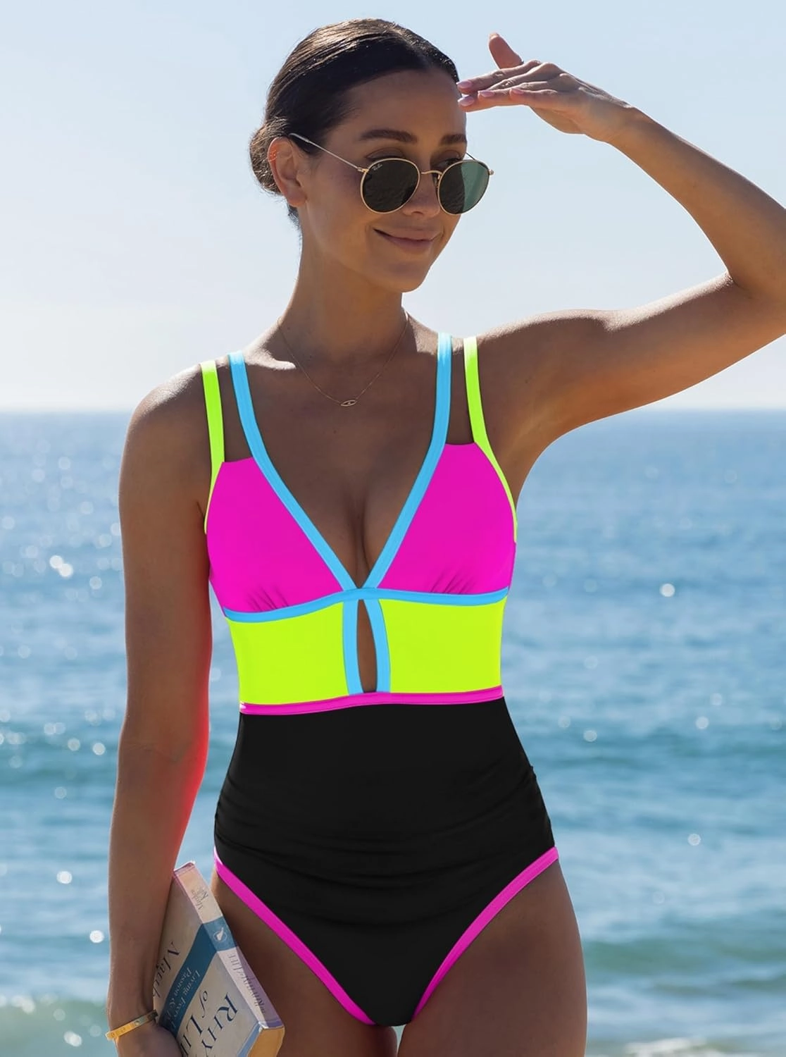 popvil Women One Piece Swimsuit 2025 Tummy Control Sexy Cutout Neon Color Block Bathing Suit Deep V Neck Adjustable Swimwear