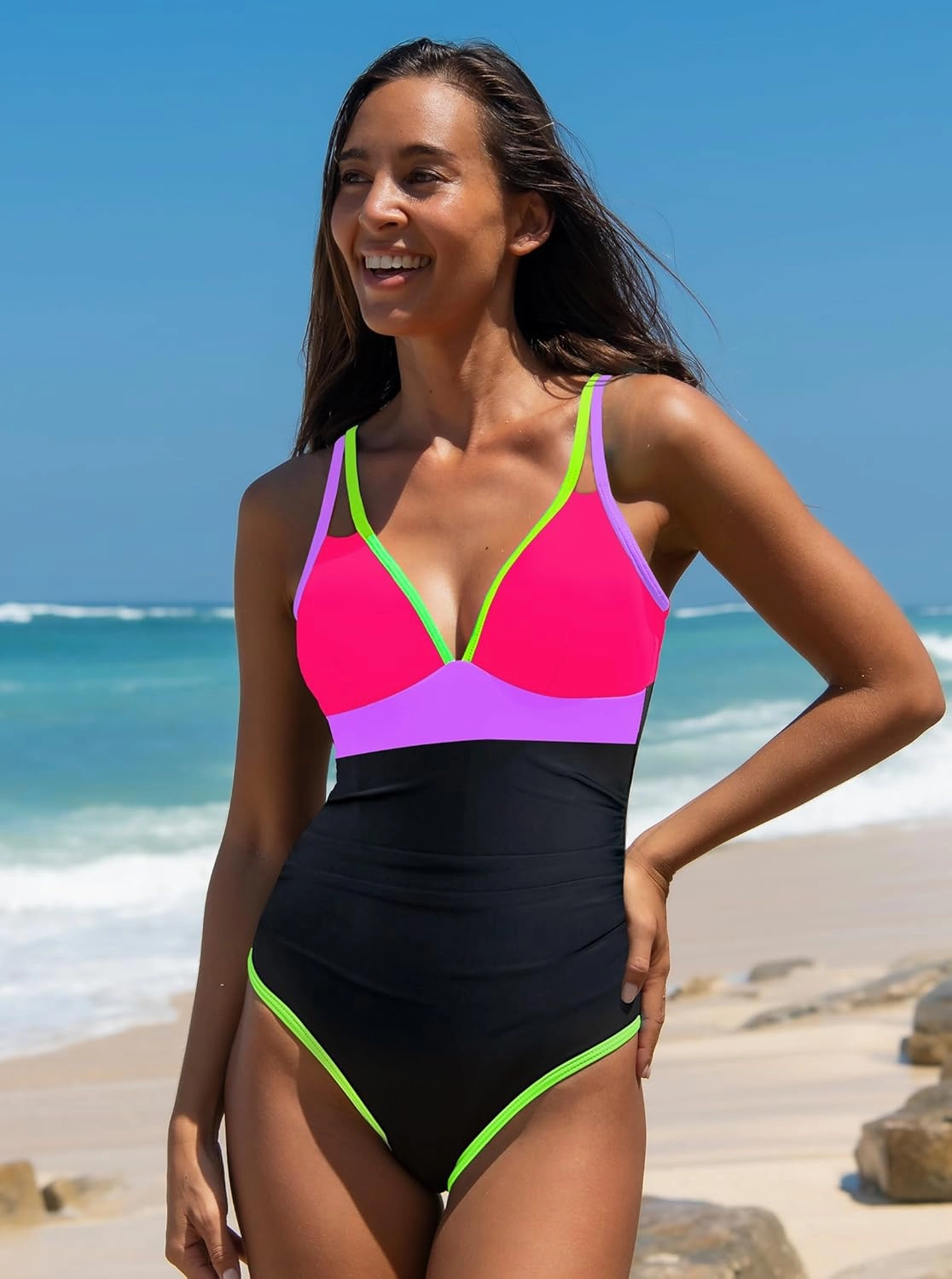 popvil Women's One Piece 2025 Tummy Control Swimsuits Neon Color Block Swimwear Deep V Neck Slimming Bathing Suit