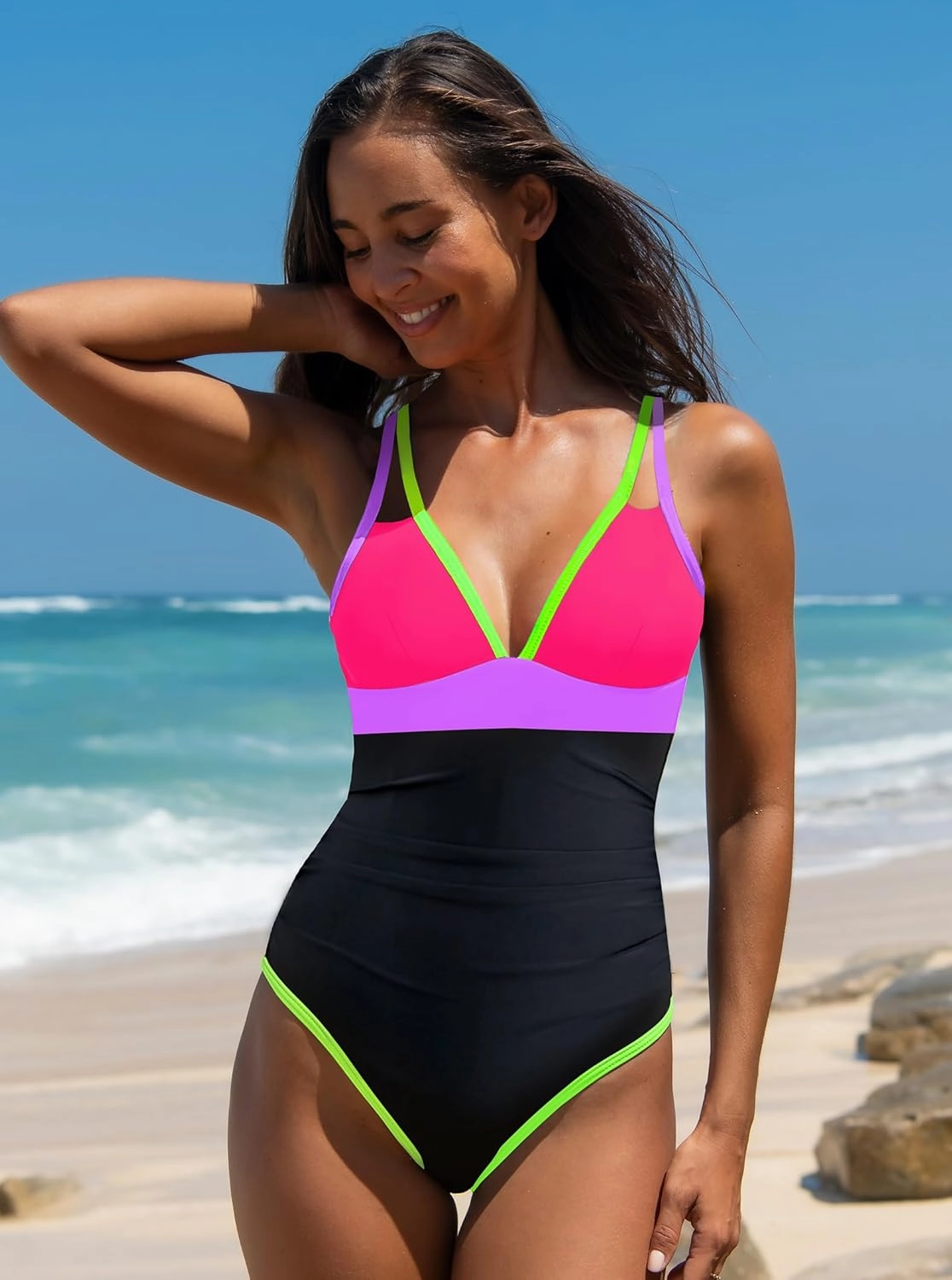 popvil Women's One Piece 2025 Tummy Control Swimsuits Neon Color Block Swimwear Deep V Neck Slimming Bathing Suit