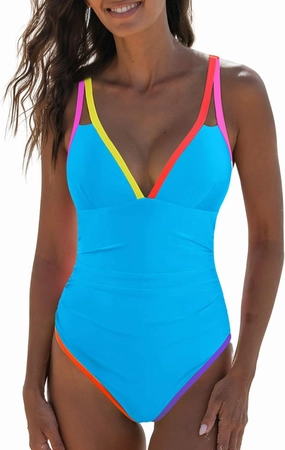 popvil Women's One Piece 2025 Tummy Control Swimsuits Neon Color Block Swimwear Deep V Neck Slimming Bathing Suit