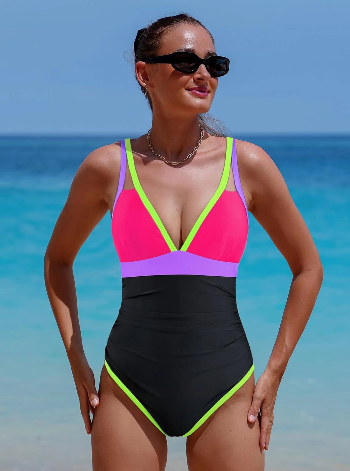 popvil Women's One Piece 2025 Tummy Control Swimsuits Neon Color Block Swimwear Deep V Neck Slimming Bathing Suit