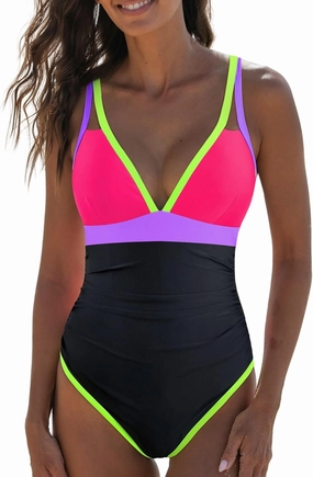 popvil Women's One Piece 2025 Tummy Control Swimsuits Neon Color Block Swimwear Deep V Neck Slimming Bathing Suit