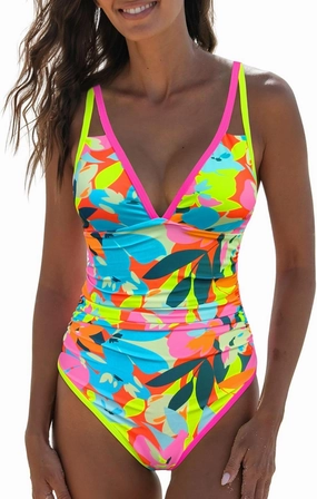 popvil Women's One Piece 2025 Tummy Control Swimsuits Neon Color Block Swimwear Deep V Neck Slimming Bathing Suit