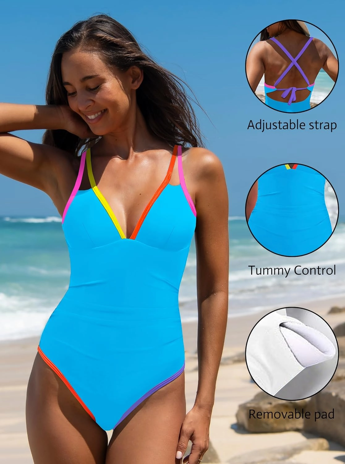 popvil Women's One Piece 2025 Tummy Control Swimsuits Neon Color Block Swimwear Deep V Neck Slimming Bathing Suit