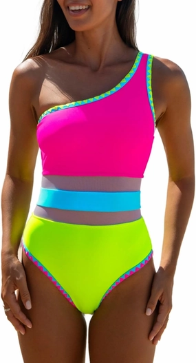 popvil Women's Sexy One Shoulder One Piece Bathing Suits Neon Color Block Swimsuits Slimming Mesh Swimwear