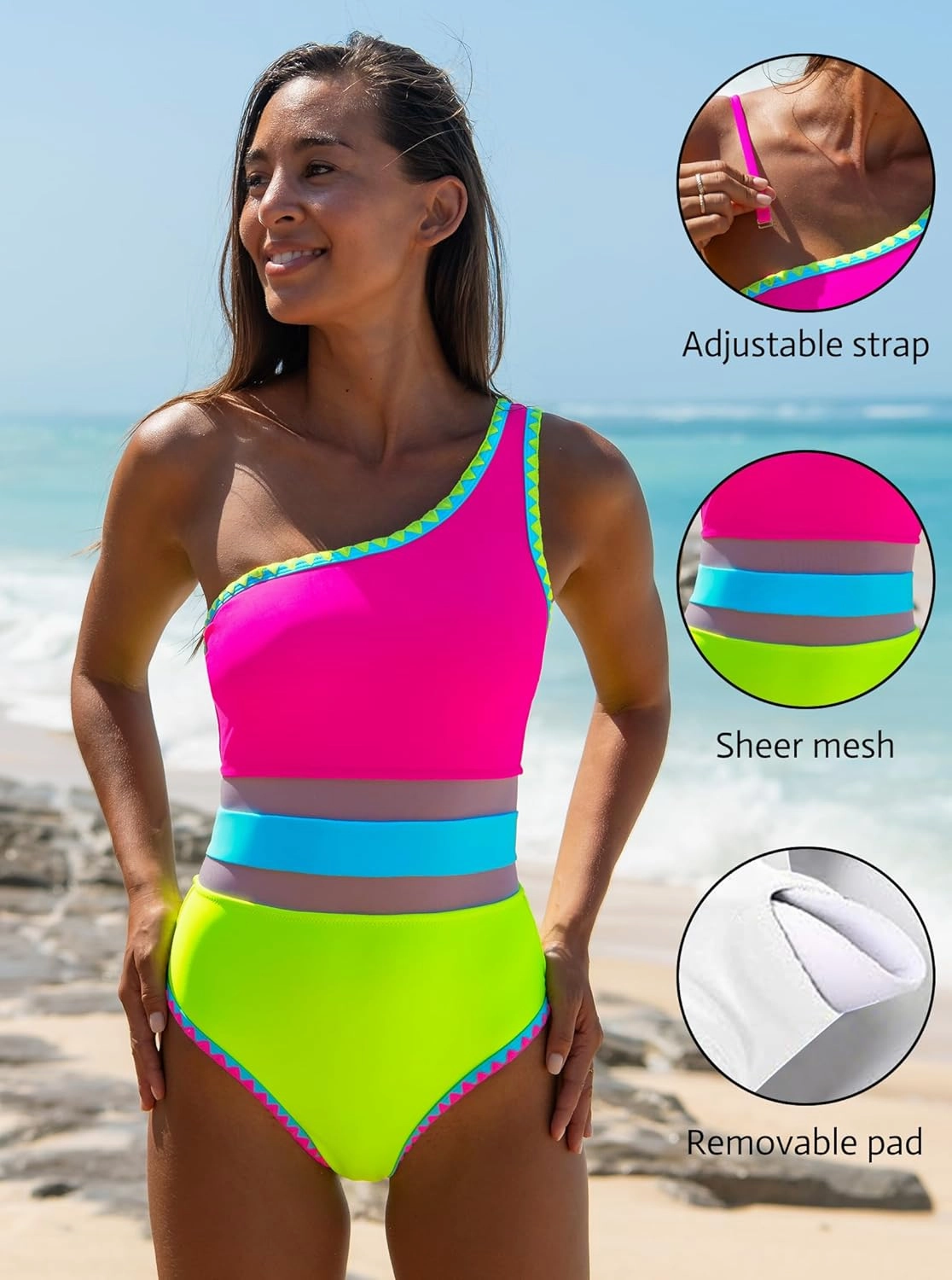 popvil Women's Sexy One Shoulder One Piece Bathing Suits Neon Color Block Swimsuits Slimming Mesh Swimwear