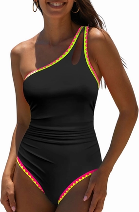 popvil Women's Sexy One Shoulder One Piece Bathing Suits Neon Color Block Swimsuits Slimming Mesh Swimwear