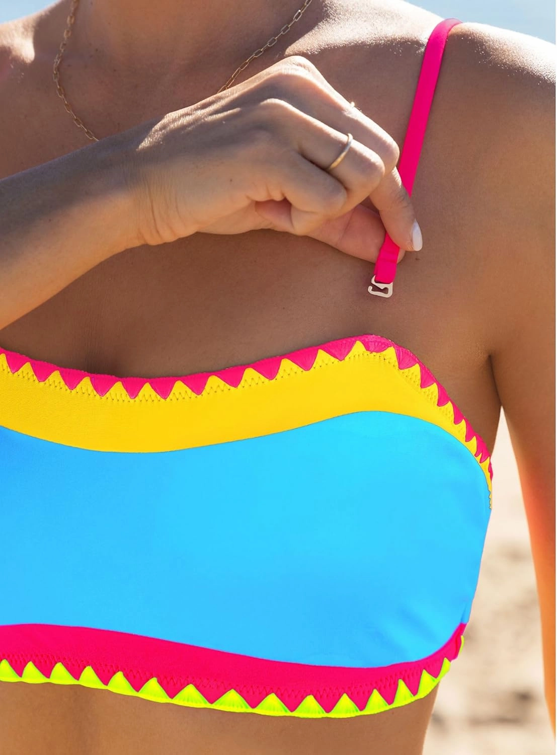 popvil Women's Strapless Bikini Sets Neon Color Block Bandeau Swimsuits Two Piece Bathing Suits for Beach Vacation 2025