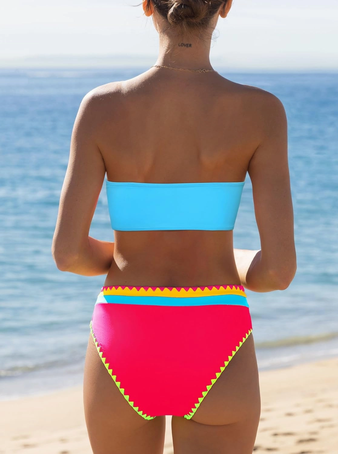 popvil Women's Strapless Bikini Sets Neon Color Block Bandeau Swimsuits Two Piece Bathing Suits for Beach Vacation 2025