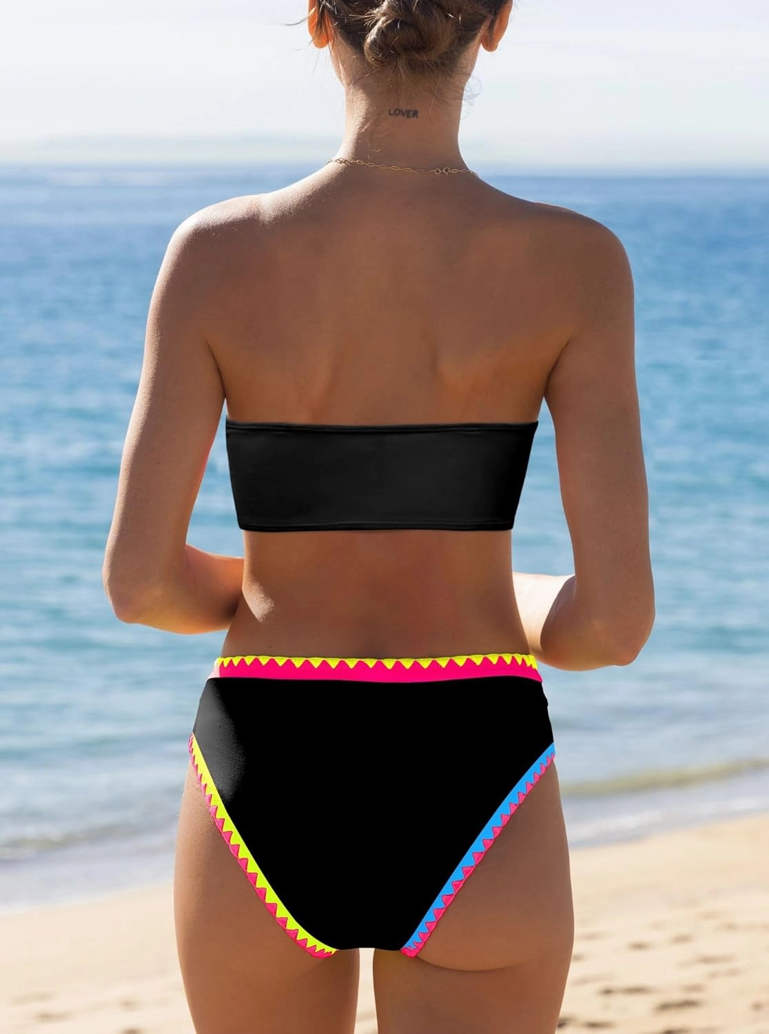 popvil Women's Strapless Bikini Sets Neon Color Block Bandeau Swimsuits Two Piece Bathing Suits for Beach Vacation 2025
