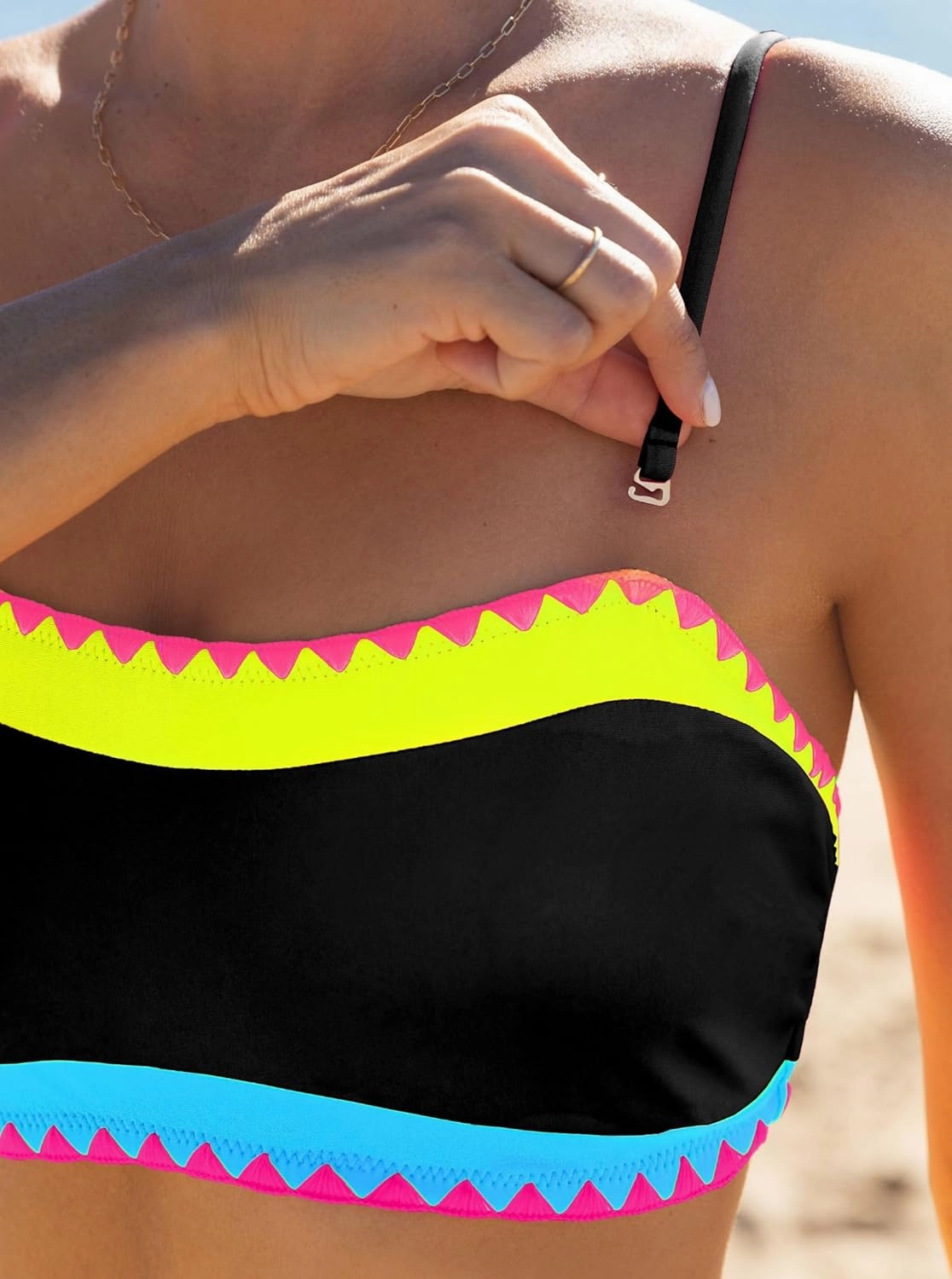 popvil Women's Strapless Bikini Sets Neon Color Block Bandeau Swimsuits Two Piece Bathing Suits for Beach Vacation 2025