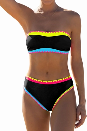 popvil Women's Strapless Bikini Sets Neon Color Block Bandeau Swimsuits Two Piece Bathing Suits for Beach Vacation 2025