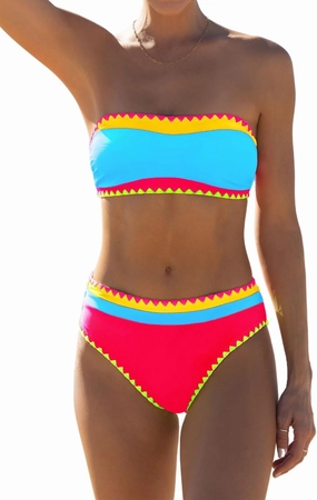 popvil Women's Strapless Bikini Sets Neon Color Block Bandeau Swimsuits Two Piece Bathing Suits for Beach Vacation 2025