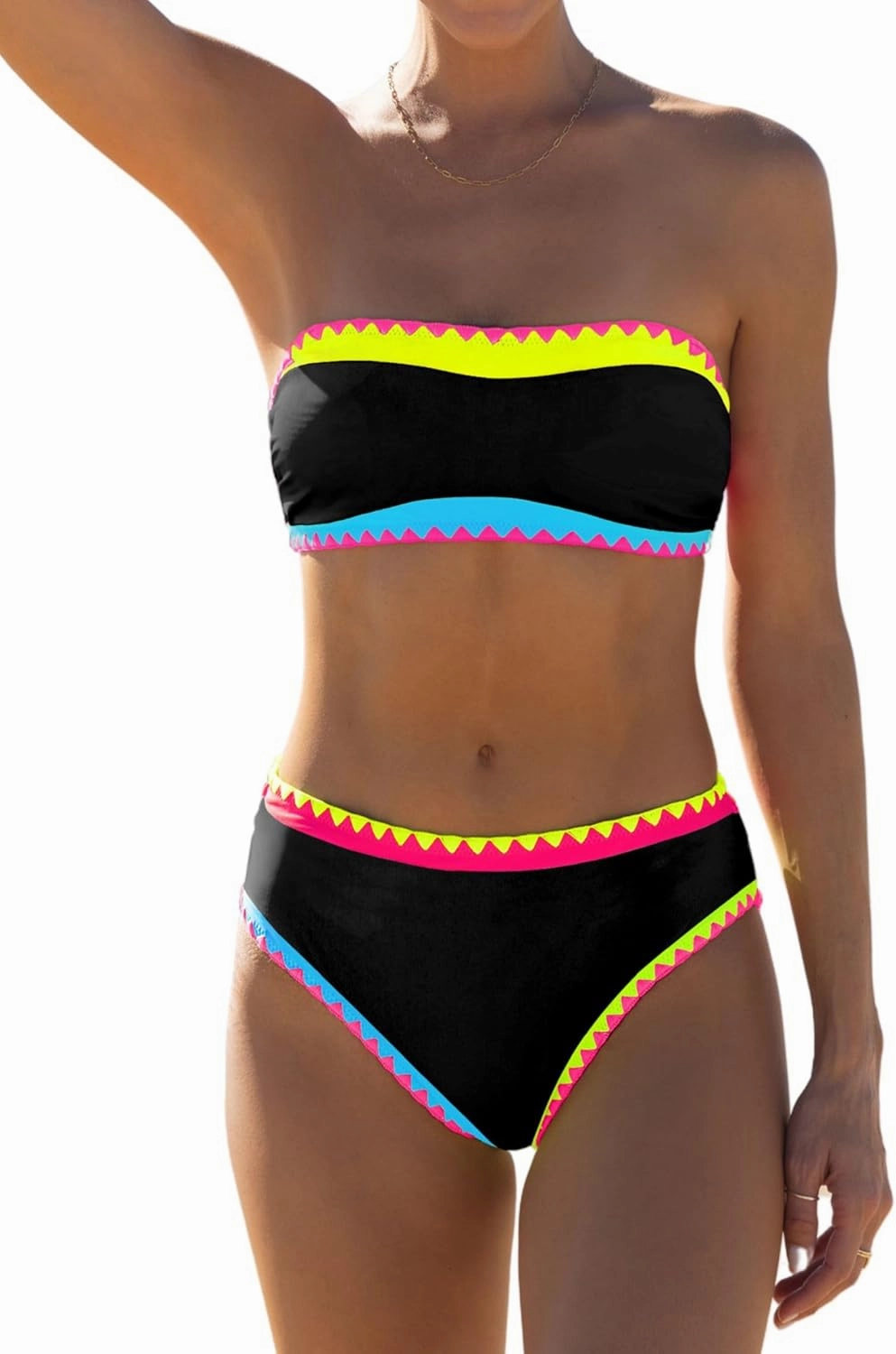 popvil Women's Strapless Bikini Sets Neon Color Block Bandeau Swimsuits Two Piece Bathing Suits for Beach Vacation 2025