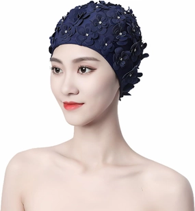 PURFUN Vintage 3D Flowers Swimming Cap for Women, Breathable Fabric Floral Spa Beach Pool Bath Swim Caps for Short Long Hair