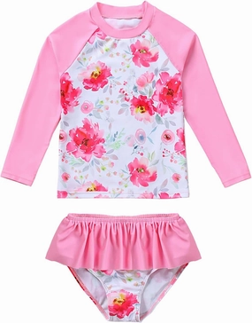 puseky Girls Swimsuit Rash Guard Set 2 Piece Long Sleeve Bathing Suit with Ruffle Shorts UPF 50  Summer Swimwear 3-10 Years