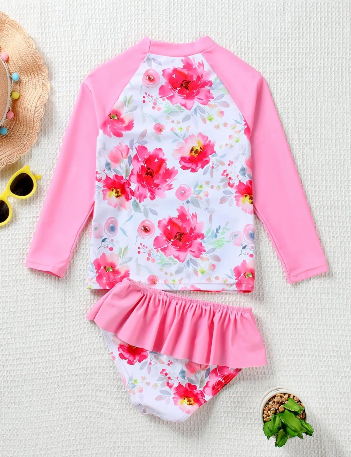 puseky Girls Swimsuit Rash Guard Set 2 Piece Long Sleeve Bathing Suit with Ruffle Shorts UPF 50  Summer Swimwear 3-10 Years