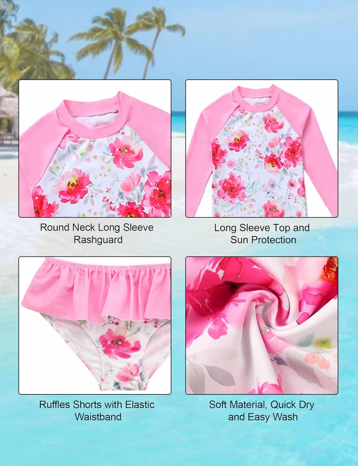 puseky Girls Swimsuit Rash Guard Set 2 Piece Long Sleeve Bathing Suit with Ruffle Shorts UPF 50  Summer Swimwear 3-10 Years