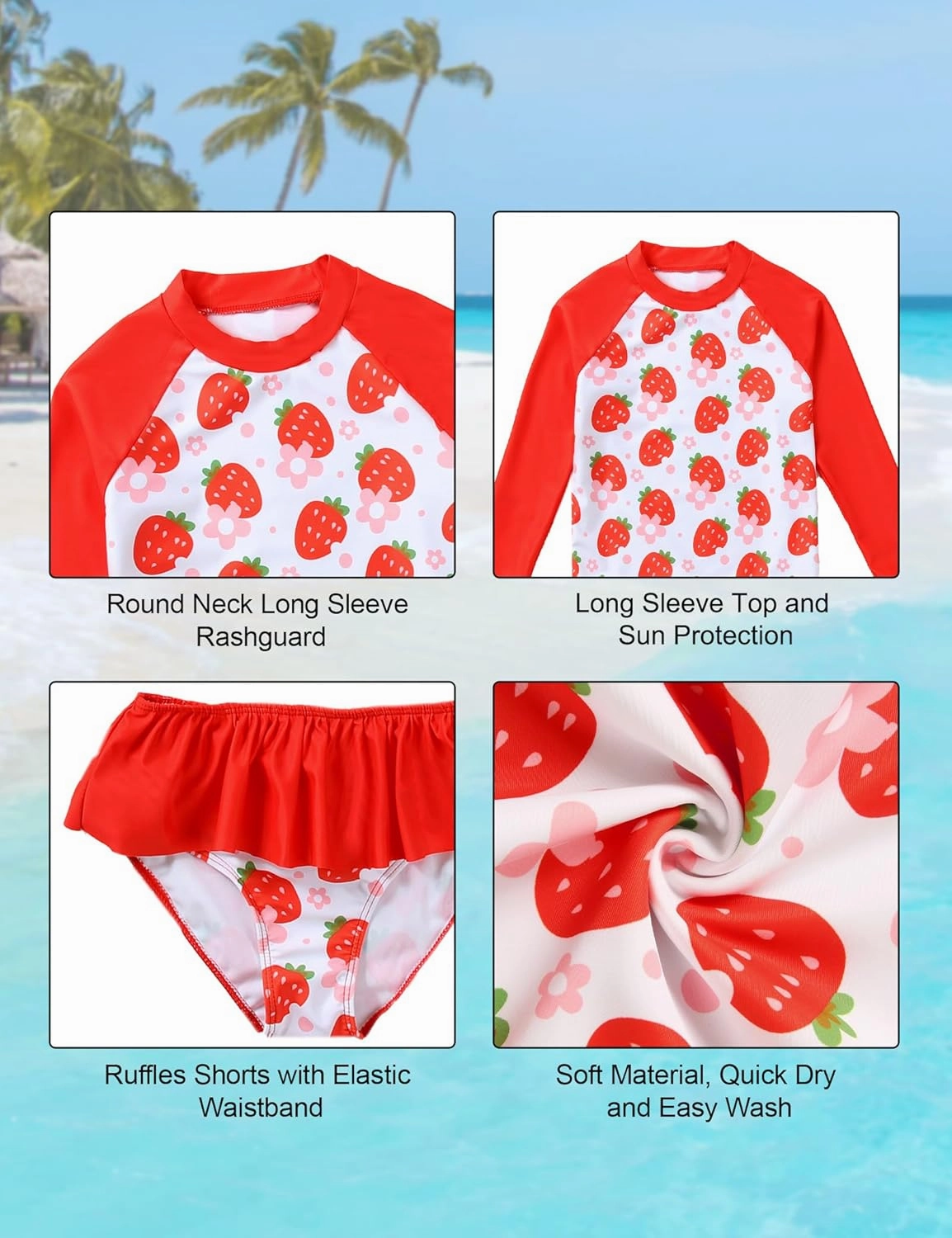 puseky Girls Swimsuit Rash Guard Set 2 Piece Long Sleeve Bathing Suit with Ruffle Shorts UPF 50  Summer Swimwear 3-10 Years