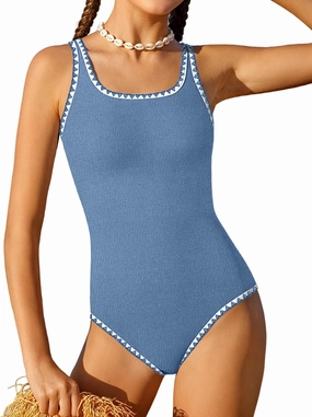 Qaoerde Girls Swimsuit One Piece Swimsuits Solid Color Bathing Suit Colorful Contrast Trim Adjustable Straps Swimwear 9-16Y