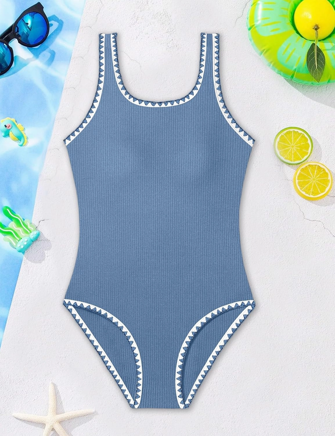 Qaoerde Girls Swimsuit One Piece Swimsuits Solid Color Bathing Suit Colorful Contrast Trim Adjustable Straps Swimwear 9-16Y