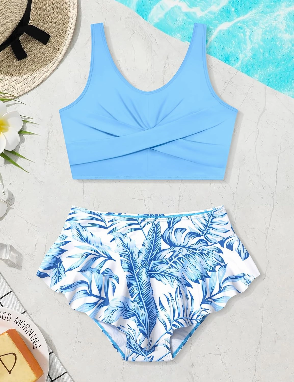 Qaoerde Girls Swimsuit Tropical Print Bikini Set with Ruffle Hem Two Piece Criss Cross Bathing Suits for Girls 7-14 Years