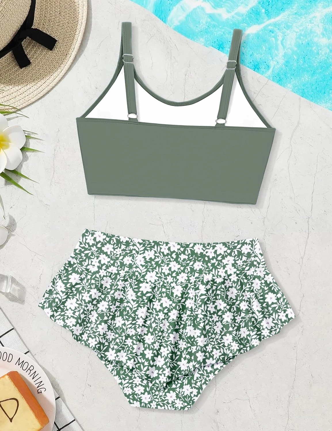 Qaoerde Girls Swimsuit Tropical Print Bikini Set with Ruffle Hem Two Piece Criss Cross Bathing Suits for Girls 7-14 Years