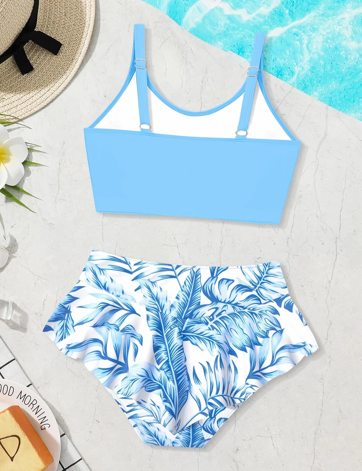 Qaoerde Girls Swimsuit Tropical Print Bikini Set with Ruffle Hem Two Piece Criss Cross Bathing Suits for Girls 7-14 Years
