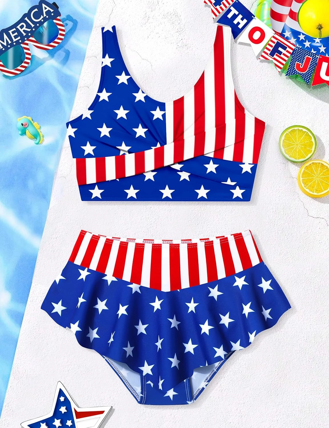 Qaoerde Girls Swimsuit Tropical Print Bikini Set with Ruffle Hem Two Piece Criss Cross Bathing Suits for Girls 7-14 Years