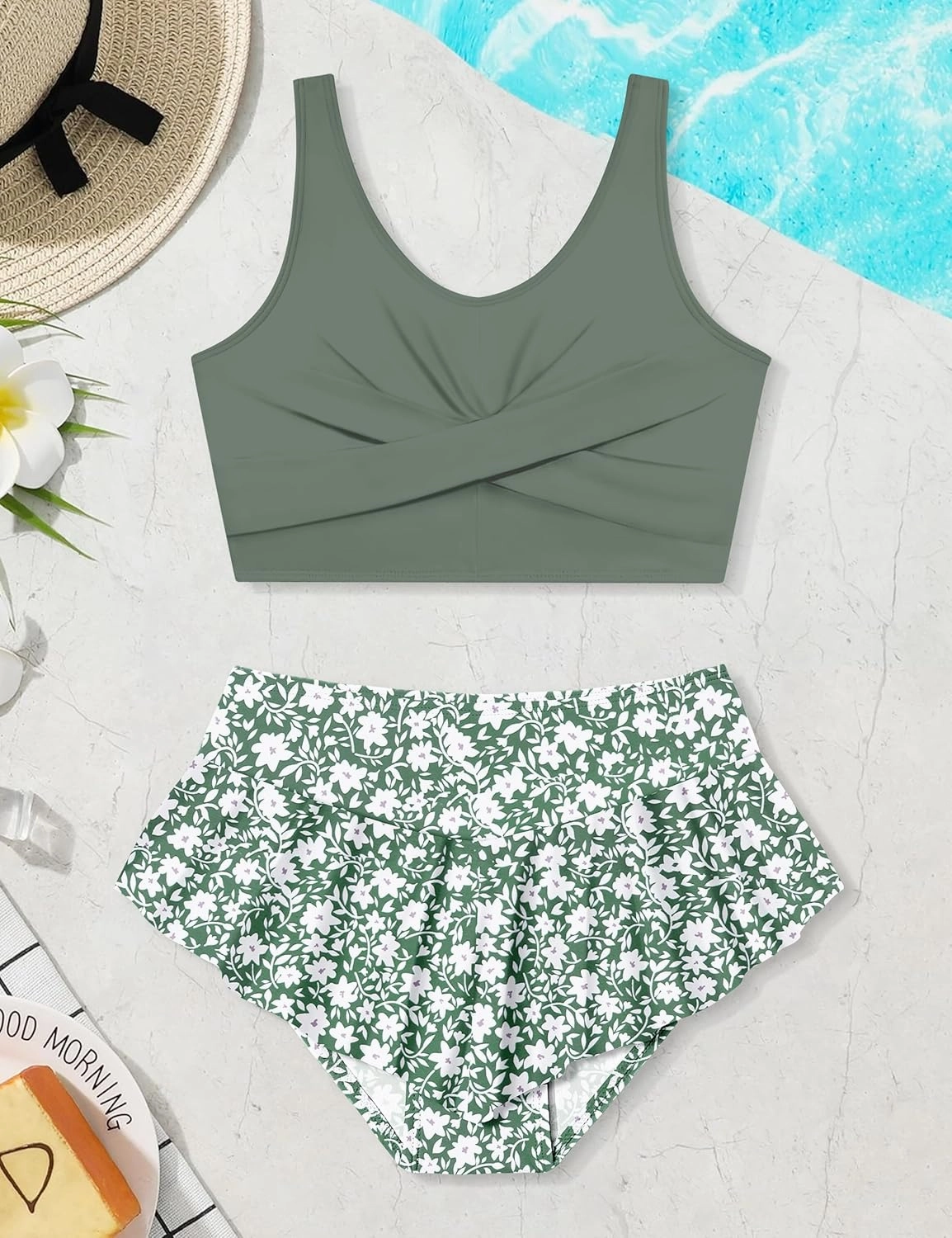Qaoerde Girls Swimsuit Tropical Print Bikini Set with Ruffle Hem Two Piece Criss Cross Bathing Suits for Girls 7-14 Years