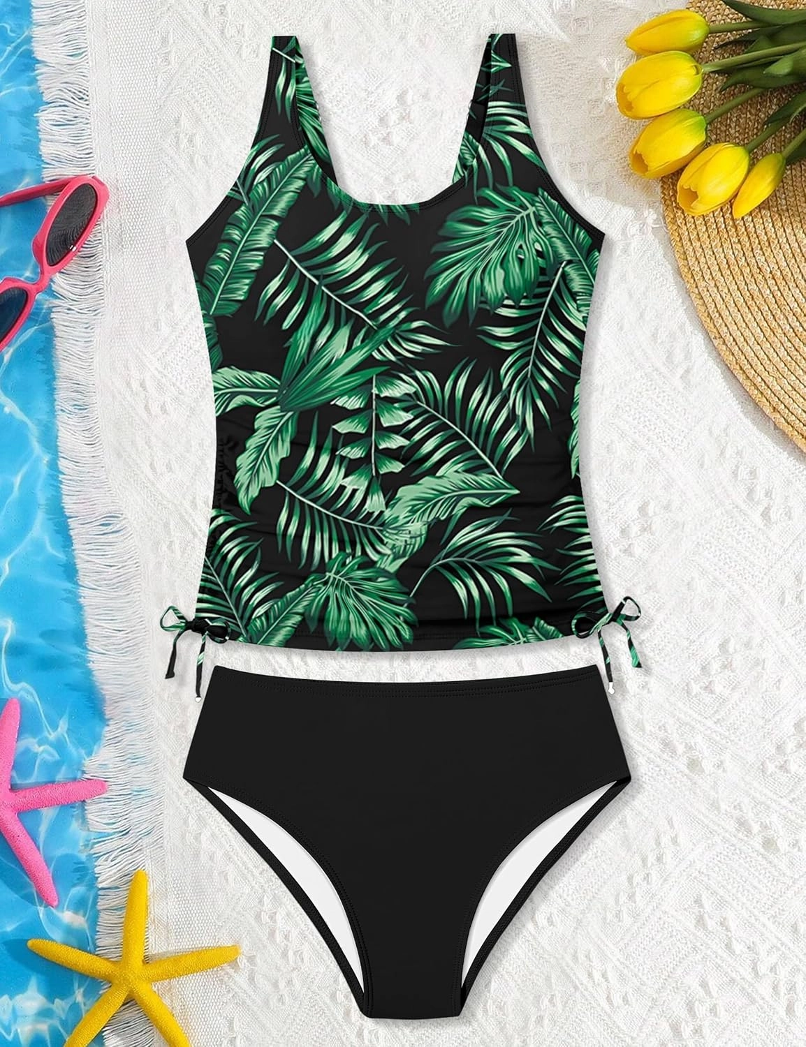 Qaoerde Girls Swimsuit Two Piece Girls Tankini Swimsuit Drawstring Printed Bathing Suit Ruched Swimwear Set 9-16 Years