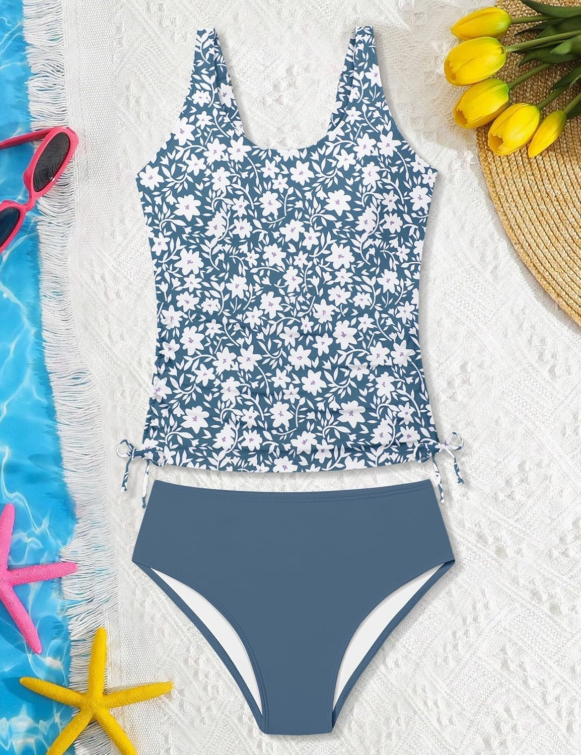 Qaoerde Girls Swimsuit Two Piece Girls Tankini Swimsuit Drawstring Printed Bathing Suit Ruched Swimwear Set 9-16 Years