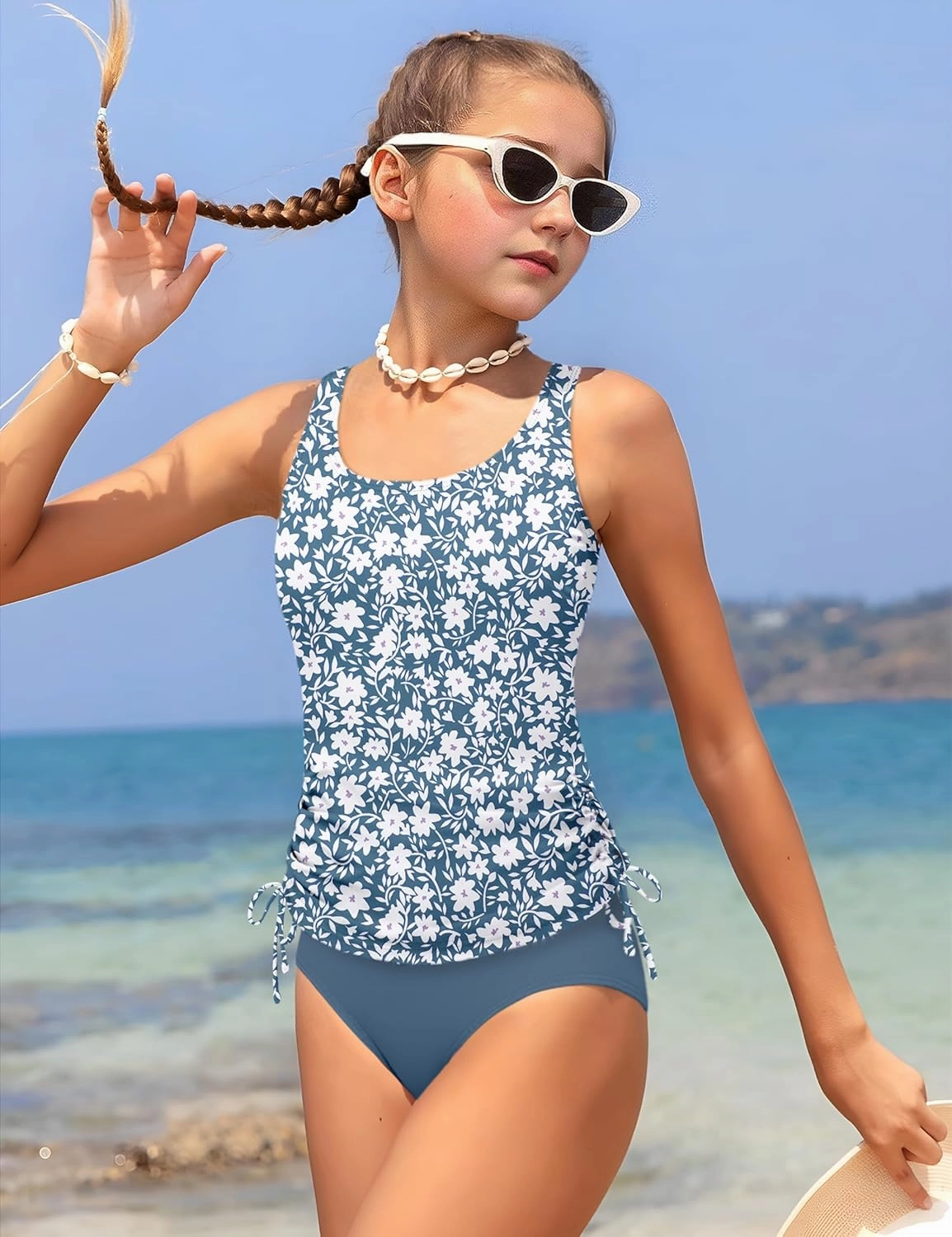 Qaoerde Girls Swimsuit Two Piece Girls Tankini Swimsuit Drawstring Printed Bathing Suit Ruched Swimwear Set 9-16 Years