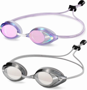 Racing Swim Goggles 2 Pack for Adult Men Women 180 Panoramic Clear View Bungee Strap Swimming Goggles No Leaking