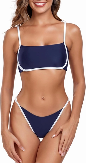 RELLECIGA Women Bandeau Bikini Set Adjustable Splicing Color High Cut Two Piece Bathing Suits