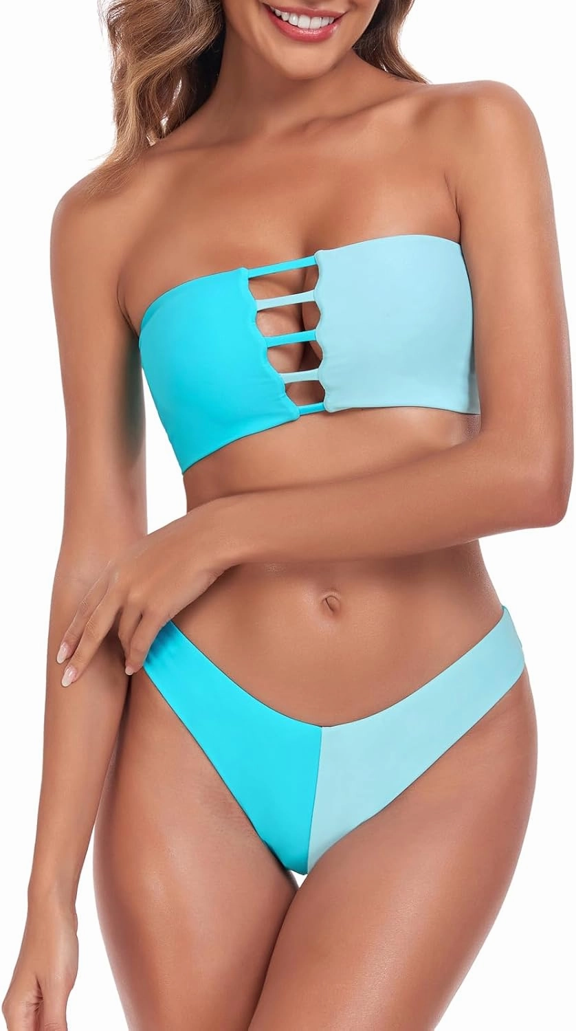 RELLECIGA Women's Two Piece Bandeau Bathing Suits Cutout Front Bikini Sets for Women