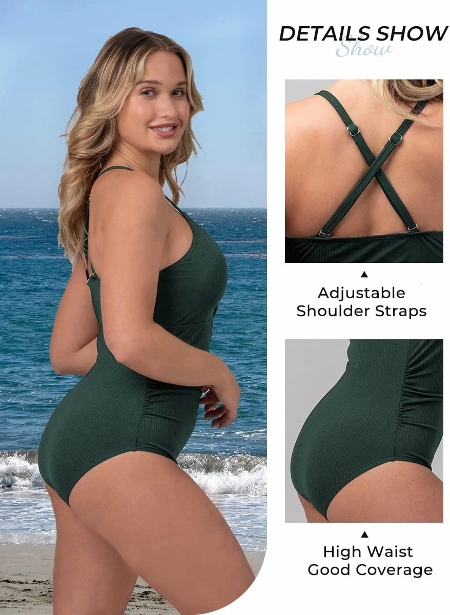 Ribbed One Piece Swimsuits for Women Button up Swimwear Tummy Control Retro Bathing Suits