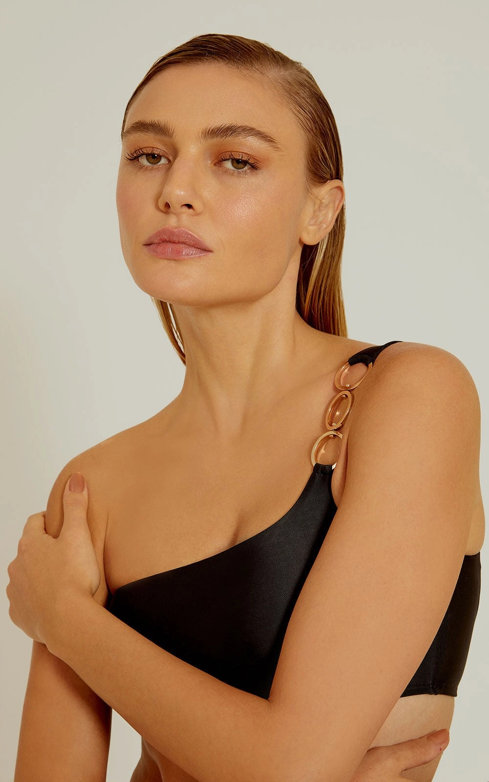 Rings One Shoulder Bikini Top in Black, Removable Padding