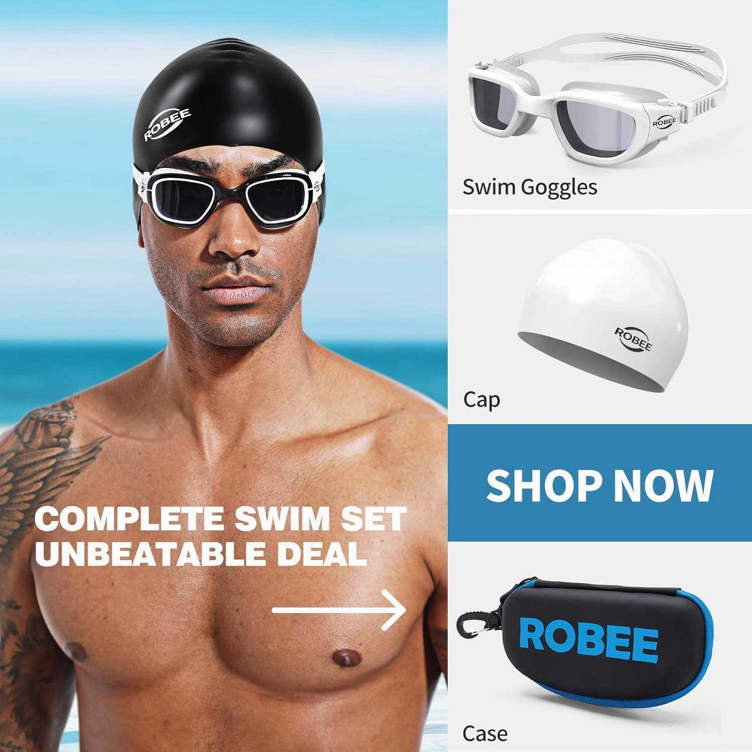 Robee Swim Goggles, Swimming Cap and Goggles Case, Polarized Swimming Goggles Silicone Cap for Adult Men Women