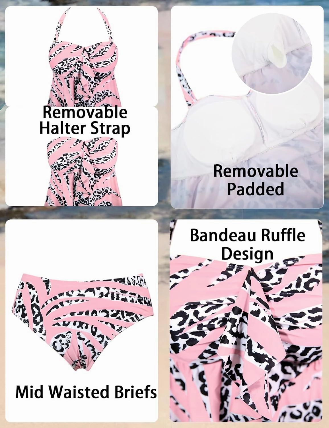 ROSEWE Two Piece Tankini Bathing Suits for Women, Removable Halter Flyaway Swimsuits, Bandeau Top with Briefs