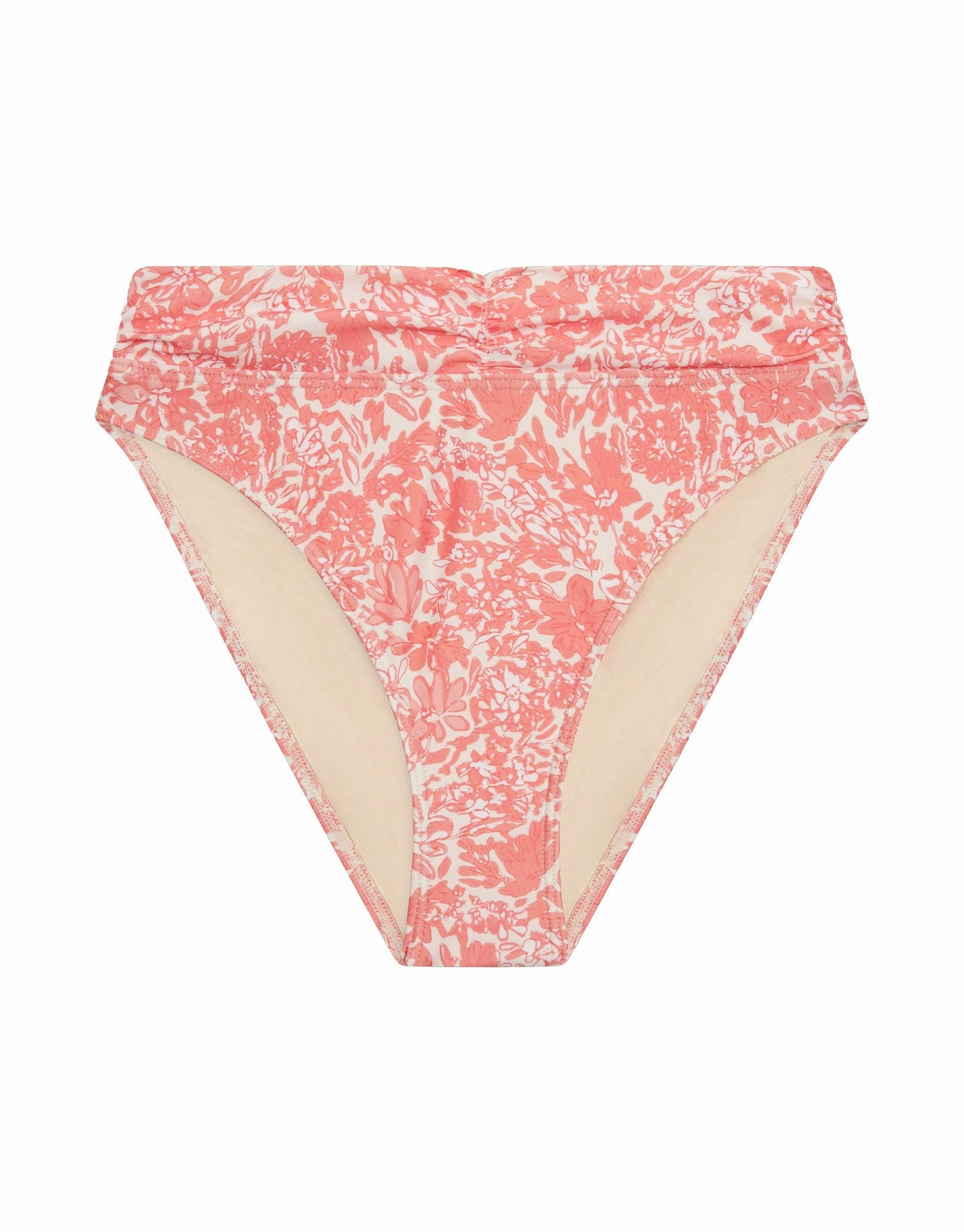 Ruched High Waist Bikini Bottom, Carnation Pink Floral