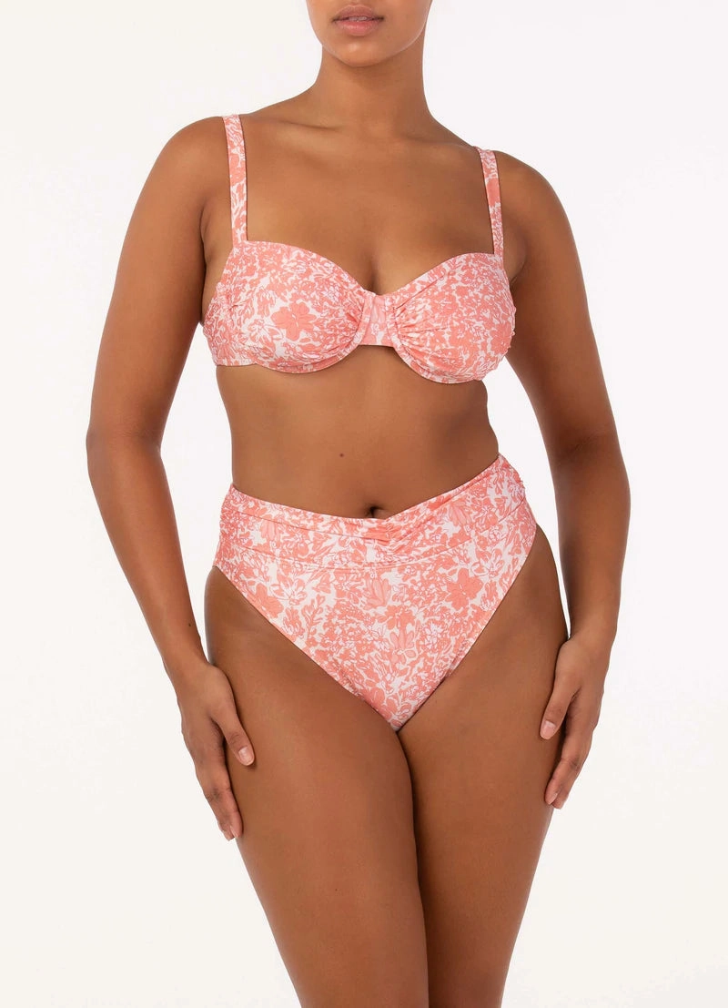 Ruched High Waist Bikini Bottom, Carnation Pink Floral