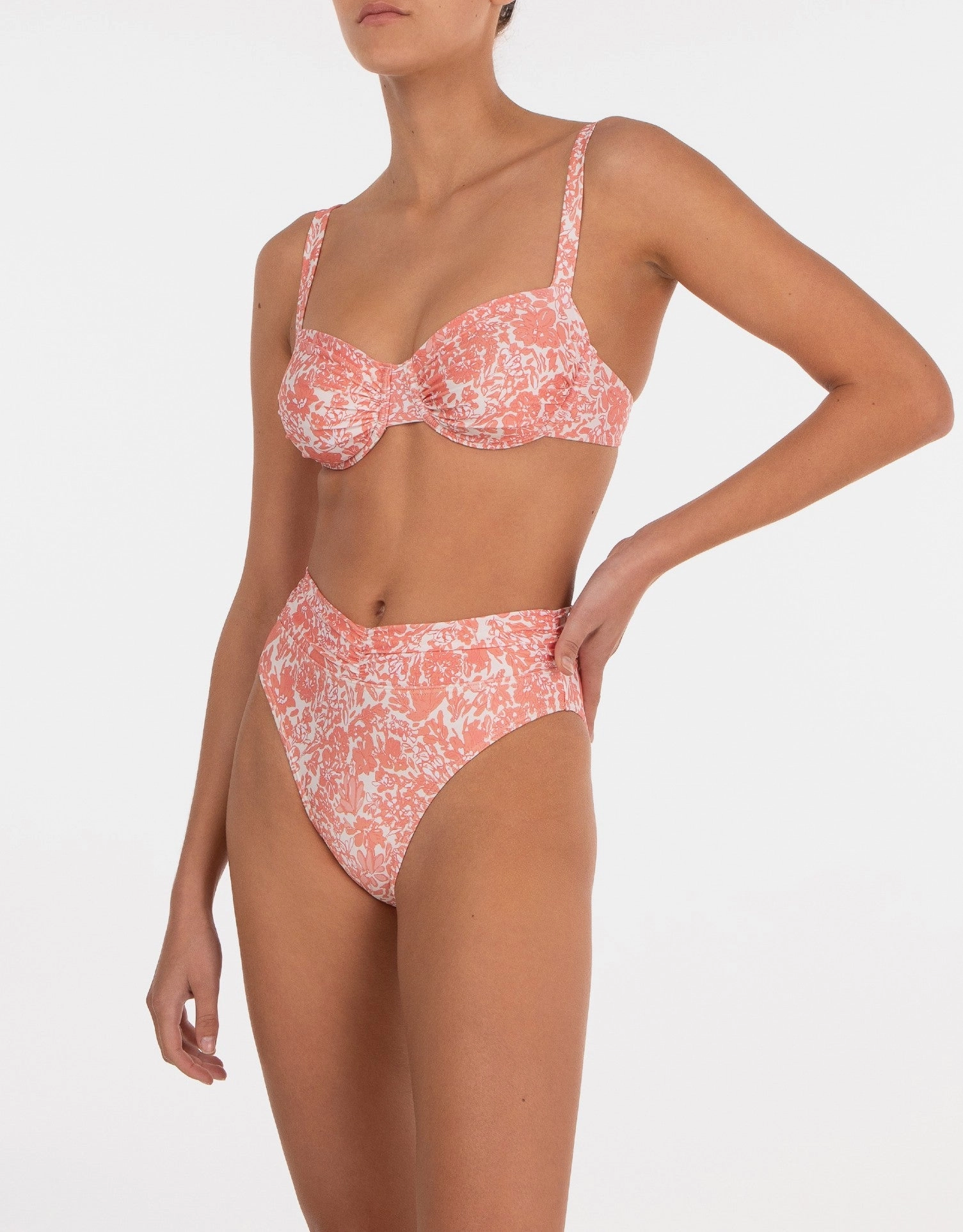 Ruched High Waist Bikini Bottom, Carnation Pink Floral