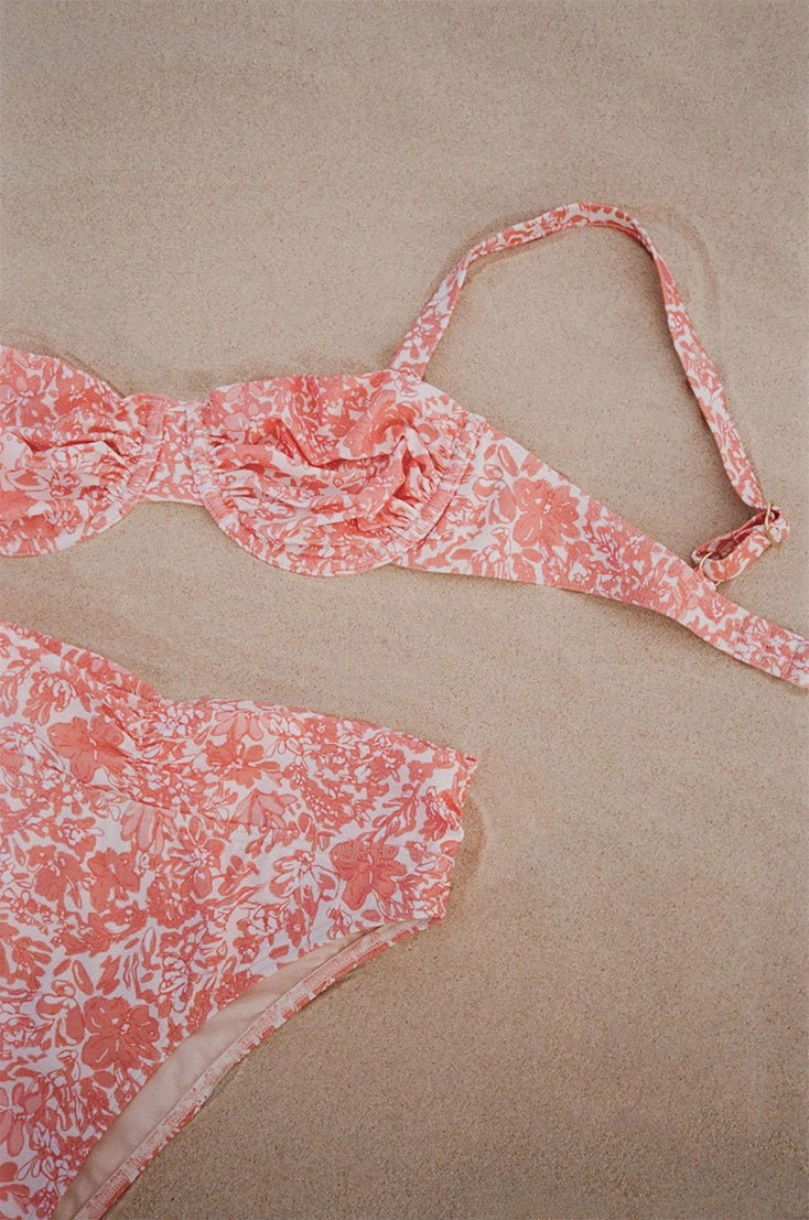 Ruched High Waist Bikini Bottom, Carnation Pink Floral
