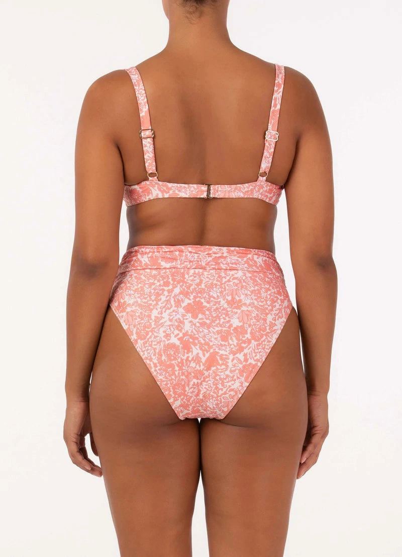 Ruched High Waist Bikini Bottom, Carnation Pink Floral