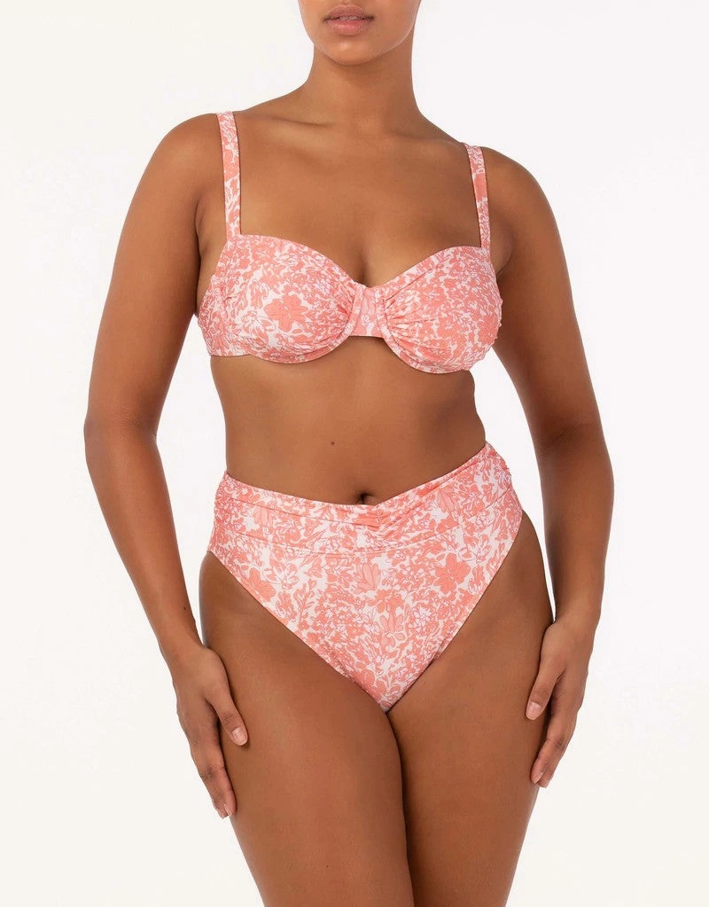 Ruched Holiday Balconette Underwire Bikini Top, Carnation Pink Floral