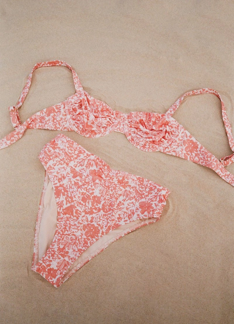 Ruched Holiday Balconette Underwire Bikini Top, Carnation Pink Floral