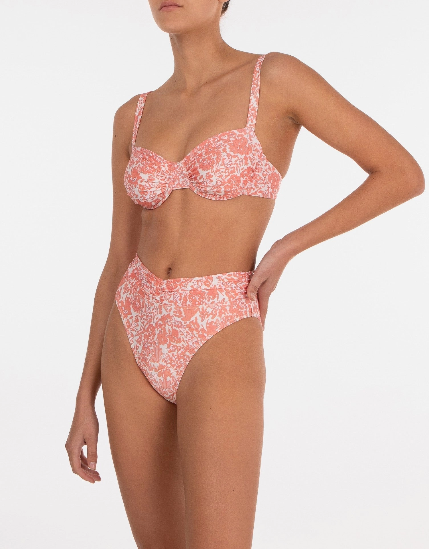 Ruched Holiday Balconette Underwire Bikini Top, Carnation Pink Floral